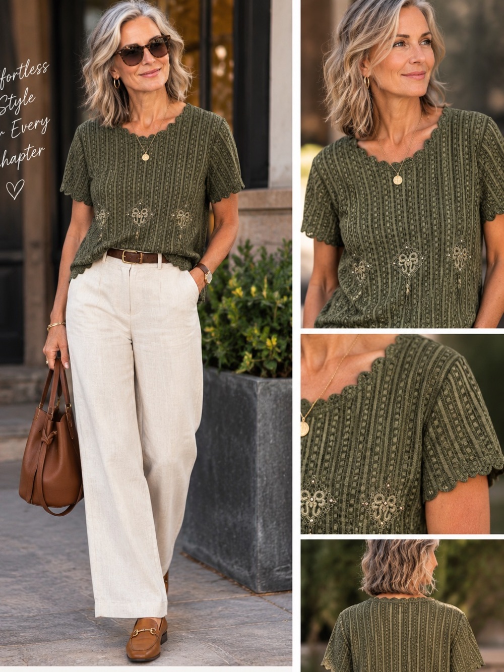 Olive Knit Top Scalloped Hem Textured Rhinestone Embellished Tassel Earthy Sm